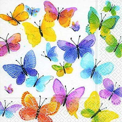 Image of Set of 20 napkins with colourful butterflies, 33 x cm