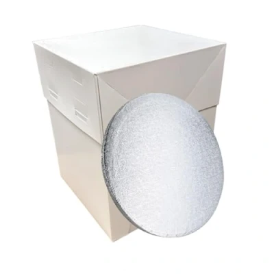 Image of LARRYROO 12&quot; x Tall White Cake Box with Adjustable Height &amp; Silver Round Drum Board Combo from 20cm to 30cm