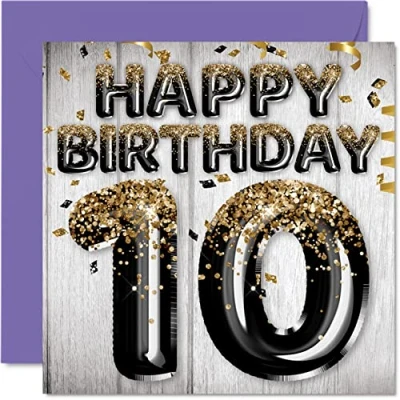 Image of 10th Birthday Card for Men Stylish Elegant Happy Cards 10 Year Old Man Son Brother Grandson Friend, 145mm x Ten Tenth Bday Greeting Gift