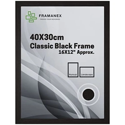 Image of FRAMANEX Classic Picture Poster Frame, 40 X 30cm Black Wood Finish, Portrait, Landscape Display Rectangle 16 12 inches Frame (Black Frame)