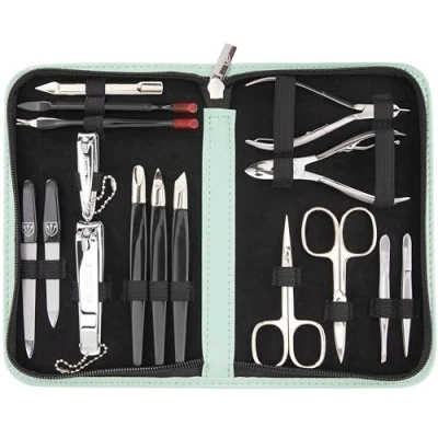 Image of 3 Swords Germany brand quality 16 piece manicure pedicure grooming kit set in mint fashion leather case gift box Made by