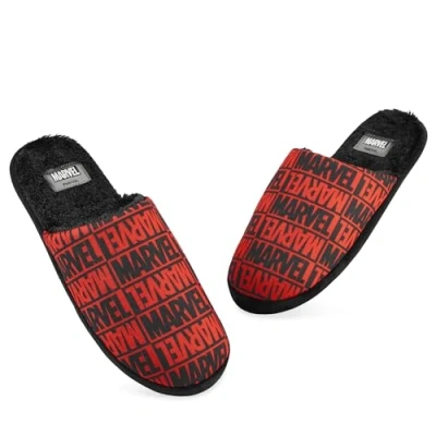Image of Marvel Men&#039;s Slippers Warm Cosy Indoor Non Slip House Shoes Size 6 10 Lounge Wear Gifts for Him (Black/Red, 6/7 UK)