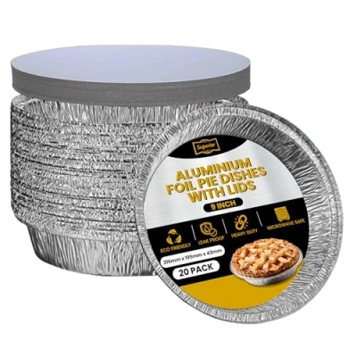 Image of Superior Foil Pie Dishes 9 inch Round Pack of 20 Cases with Lids Durable Oven Freezer Safe Disposable Aluminum Flan for Baking Storage Takeaway