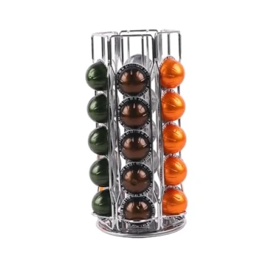 Image of Kitchenista Coffee Pod Holder for Nespresso Vertuo Storage 30 Pods Compatible with Vertuoline Capsules Rotating Carousel Organizer (Chrome)