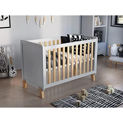 Image of Love For Sleep Francis Wooden Baby Cot Bed 120x60cm with FREE Deluxe Aloe Vera Mattress (White &amp; Pine)