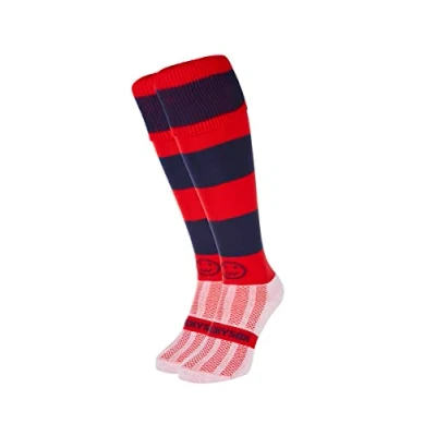 Image of WackySox Red and Navy Hoop Rugby Socks, Sports Socks for Men Women, Mens Work Perfect Riding, Football, Running, Hockey other Activities