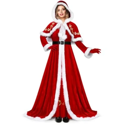 Image of KANMUASD Mrs. Santa Claus Costume for Women 3PCS, Adult Dress Suit, Deluxe Costume, Christmas Cosplay Xmas Party Outfit with Hooded Cape B,S