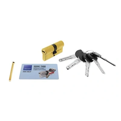 Image of TESA Assa Abloy Tx854050L TX80 Cylinder Euro Double Profile 40x50, cam R15, Brass Finish. 5 Keys TES.2030/40X50 LT SE5 E12, 40 x 50 mm