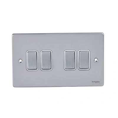 Image of Schneider Electric Ultimate Low Profile 4 Gang Rocker 2 Way Light Switch, 16AX, GU1542WBC, Brushed Chrome with White Insert