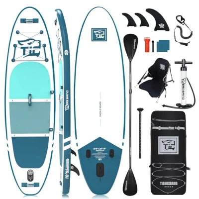 Image of TIGERXBANG Stand Up Paddle Boards 10&#039;6&quot; x 32&quot; 6&quot; with Premium SUP Board Accessories, Inflatable for Adults/Kids Double Bladed Paddle, Kayak Seat, Defender Pro Blue