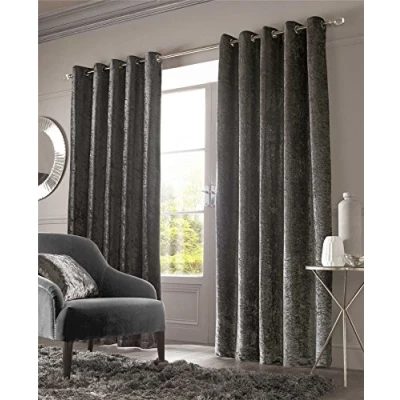 Image of Olivia Rocco Luxury Crushed Velvet Eyelet Curtains, Designer, Fully Lined Ring Top Curtain Pair, Charcoal, 46&quot;x 72&quot;