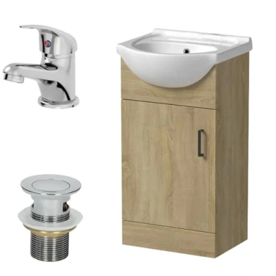 Image of Affine® 450mm Bathroom Vanity Unit Ceramic Sink Floorstanding Storage Cabinet Cupboard &amp; Essentials Basin Tap Waste Set, Oak Effect