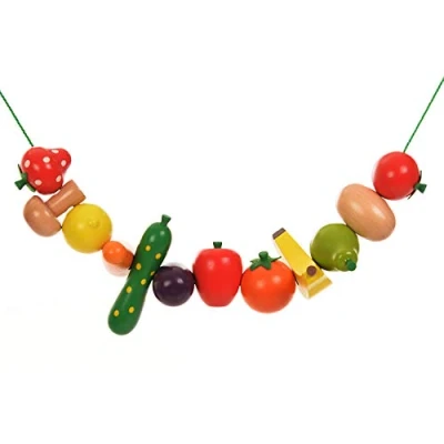 Image of Playlearn Wooden Fruit and Vegetable Threading Lacing Bead Set Including 2 Laces Educational Beads Developmental Toy for Kids Game 5 Year Old Girls Boys