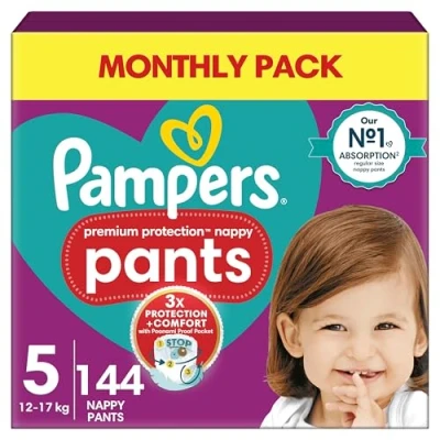 Image of Pampers Premium Protection Nappy Pants Size 5, 144 Nappies, 12kg 17kg, Monthly Pack, With 360 Fit and Ultra Soft Materials for Our Best Comfort &amp;