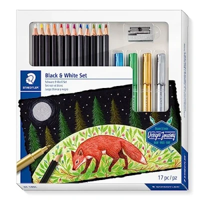 Image of STAEDTLER Design Journey Black and White Set of Soft Coloured Pencils, Metallic Markers Sharpener