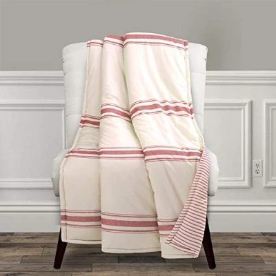 Image of Lush Decor Farmhouse Stripe Reversible Throw, Single, 50&quot; W x 60&quot; L, Red Classic Modern Rustic Charm Cozy Soft Single Pinstripe Print Blanket