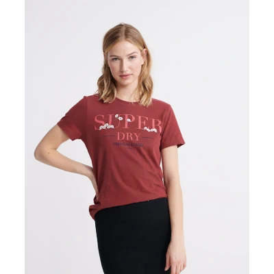 Image of Superdry Womens Serif Floral Embroidered T Shirt Red Cotton Size 10 UK