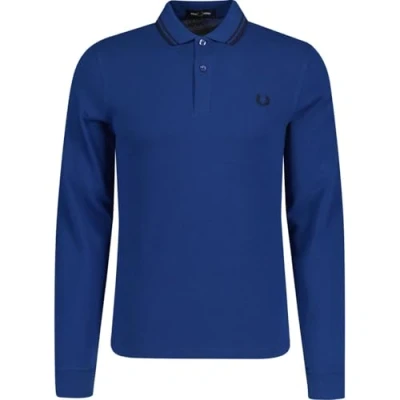 Image of Fred Perry Mens Long Sleeved Twin Tipped Polo Shirt M3636 100% Cotton in Shaded Colbalt Blue with Black Size Small