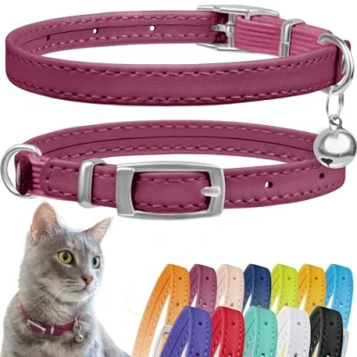 Image of CollarDirect Leather Cat Collar, Safety Collar with Elastic Strap, Kitten for Bell Black Blue Red Orange Lime Green (Neck Fit 6&quot; 7&quot;, Pink)