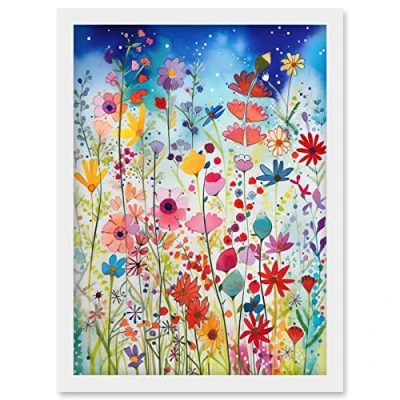 Image of Artery8 Summer Wildflower Meadow Folk Art Artwork Framed Wall Print A4