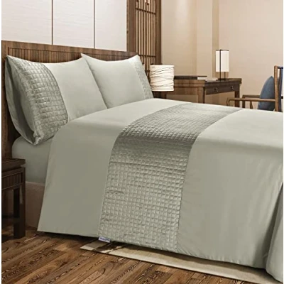 Image of Bronwen Mathews Double Duvet Set Microfibre Soft with Quilted Square Velvet Band Cover and 2 Pillowcases, Easy Care Wrinkle Free Bedding of 3 Pcs (Linen, Double)