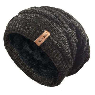 Image of RockJock Mens Winter Knitted Slouch Beanie with R80 Thermal Insulation and Cosy Fleece Lining Black/Grey