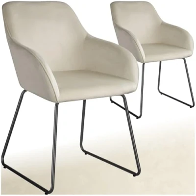 Image of TecTake® Set of 2 Dining Chairs with Soft Velvet Look Covers &amp; Curved Steel Frames, Armchair Plush Padding Ergonomic Backrests, Ideal as Room, Kitchen Desk Chair Cream/Black
