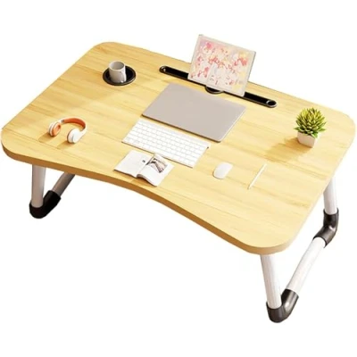 Image of Portable Folding Laptop Table Lap Tray, desk Foldable Tablet Stand Breakfast Tray for Sofa, Bed, Terrace, Balcony, Garden,Pool, Beach (Wood Grain)