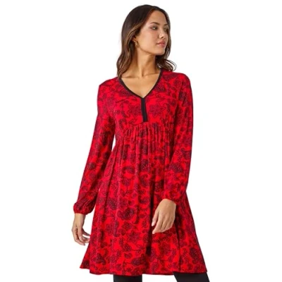 Image of Roman Womens Floral Print Stretch Jersey Dress Red Size 10 UK