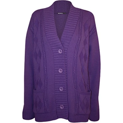 Image of WearAll Plus Size Womens Button Long Sleeve Pocket Top Ladies Knitted Cardigan Purple 8 10