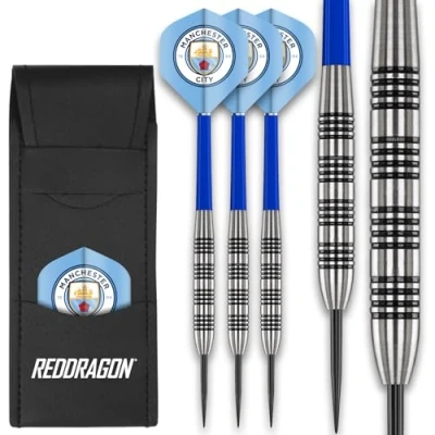 Image of FOCO Officially Licensed Manchester City FC Flights with Red Dragon 24 Gram Tungsten Darts Set