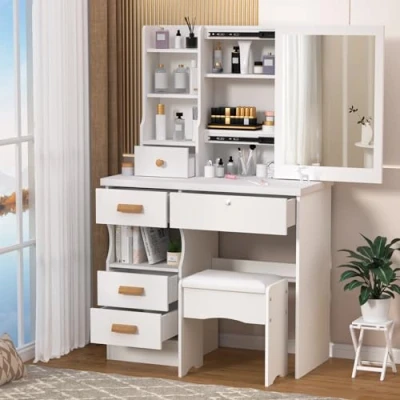 Image of tinysiry Makeup Vanity Desk,Bedroom Dressing Table with Mirror &amp; Shelves 5 Drawers,Vanity Set for Bedroom Studio White