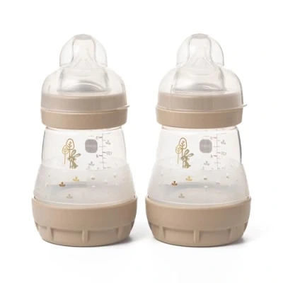 Image of MAM Easy Start Colours of Nature Self Sterilising Anti Colic Baby Bottle (2 x 160 ml Bunnies), Slow Flow Teats Size 1, Reduced , Newborn Essentials