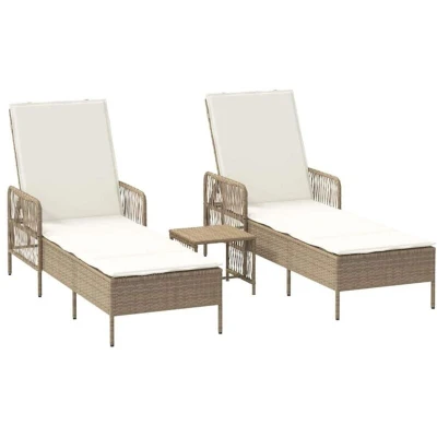 Image of vidaXL Sun Lounger Set of 3 Beige and Cream White PE rattan, metal