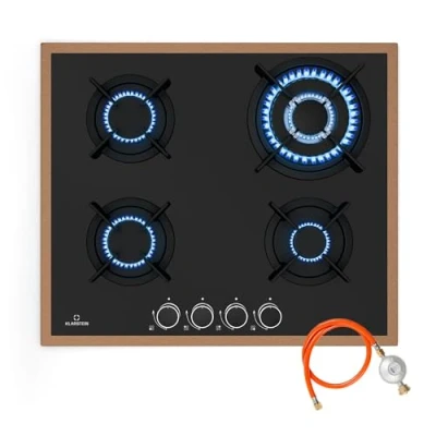 Image of Klarstein Lumiflame Gas Hob, 4 Burner 8kW, Copper Frame &amp; Glass Surface, Auto Ignition FFD Safety, Cast Iron Supports, 60cm Hob Kitchen, LPG/Natural Compatible