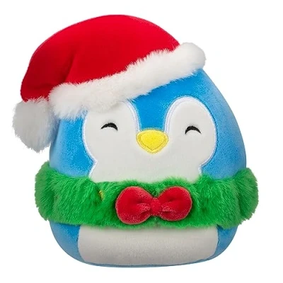 Image of Squishmallows Original 7.5 Inch Puff the Blue Penguin with Green Wreath Small Sized Ultrasoft Plush