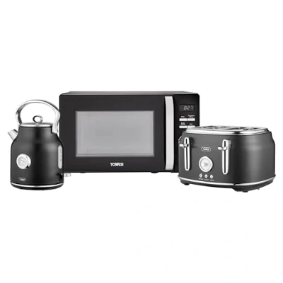 Image of Tower Renaissance Kitchen Set, 1.7L Quiet Boil Kettle &amp; 4 Slice Toaster 20L Microwave, Black, T10063BLK, T20065BLK, T24039BLK