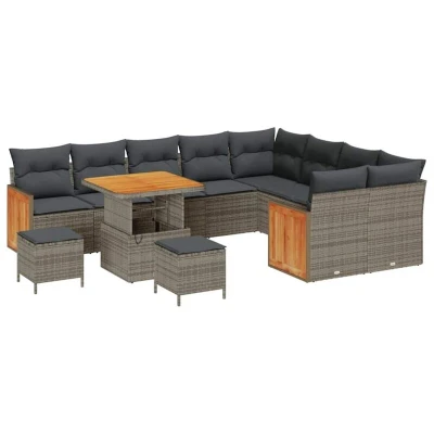 Image of vidaXL 12 Piece Garden Sofa Set with Cushions Grey Poly Rattan Acacia