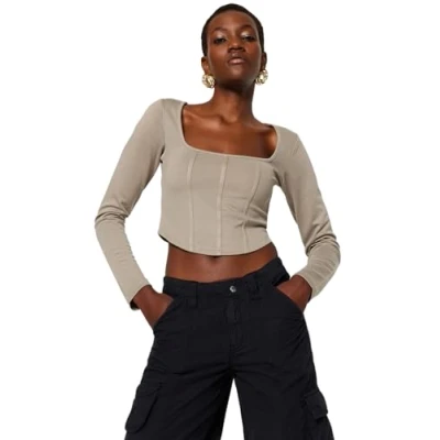 Image of Trendyol Women&#039;s Straight Long Sleeve Slim Blouse, Stone, S