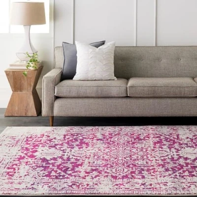 Image of Surya Syracusa Vintage Rug Area Rugs Living Room, Hallway Floor, Kitchen, Traditional Multicoloured Boho Rug, Easy Care Pile, Bohemian Large 160x220cm Fuchsia, Beige and Ivory