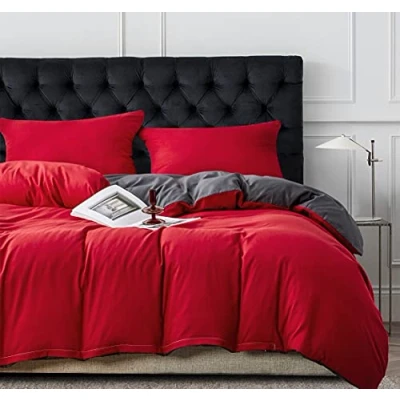 Image of Damier Women&#039;s Bedding Bed Linen 155 x 220 cm Red Grey Reversible Set Soft Microfibre Plain Colour Duvet Cover with Zip and 1 Pillowcase 80