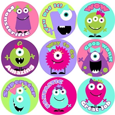 Image of 144 Girly Monsters Praise Words Reward Stickers 30mm, Teachers, Party Bags