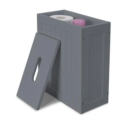 Image of raxter Slimline Wooden Bathroom Storage Unit, Toilet Roll Paper Cabinet, Compact Shaker, Multi Purpose Cleaning Tidy Box (Grey)