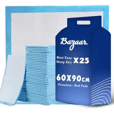 Image of 25 x Bazaar Disposable Incontinence Bed Pads 60 90cm Highly Absorbent Sheets Waterproof for Sofa, Mattress, Chair &amp; Babies, Children, Adults, Elderly.