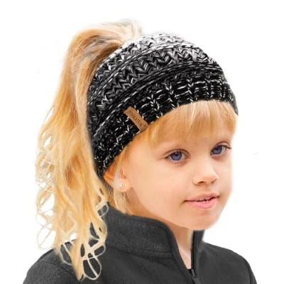 Image of TOSKATOK Girl&#039;s Thermal Teddy Fleece Lined Ponytail Beanie Hat BLK/Grey/Cream
