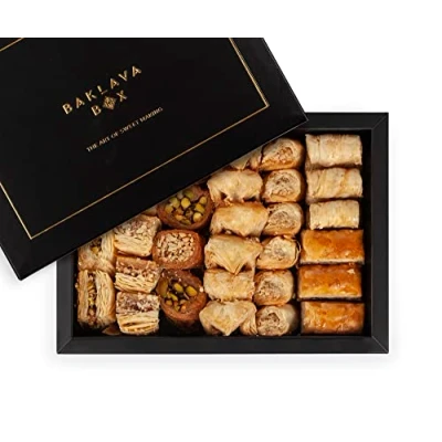Image of 750g Assorted Baklava Gift Box Black, approx 31 pieces, authentic, traditional arabic baklawa, luxury presentation box, handmade fresh backlava