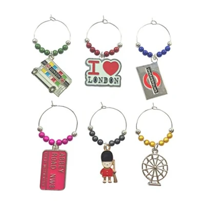 Image of Libby&#039;s Market Place Colourful London Wine Glass Charms with Velvet Gift Bag