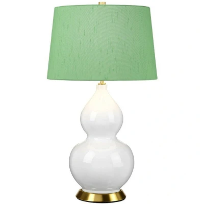 Image of Isla Table Lamp with Round Tapered Shade, Aged Brass, White, Green