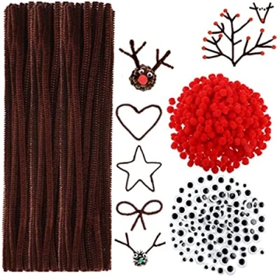 Image of Cheeroyal 400Pcs Christmas Reindeer DIY Craft Set, Including 100Pcs Brown Pipe Cleaners Chenille, 150Pcs Googly Eyes, Red Pom Poms Pompoms Noses for