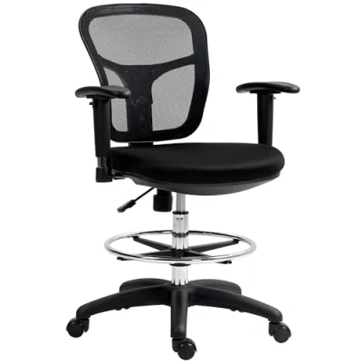 Image of HOMCOM Drafting Chair with Adjustable Armrests, Ergonomic Mesh Office Lumbar Support, Height and Footrest for Standing Desk, Black